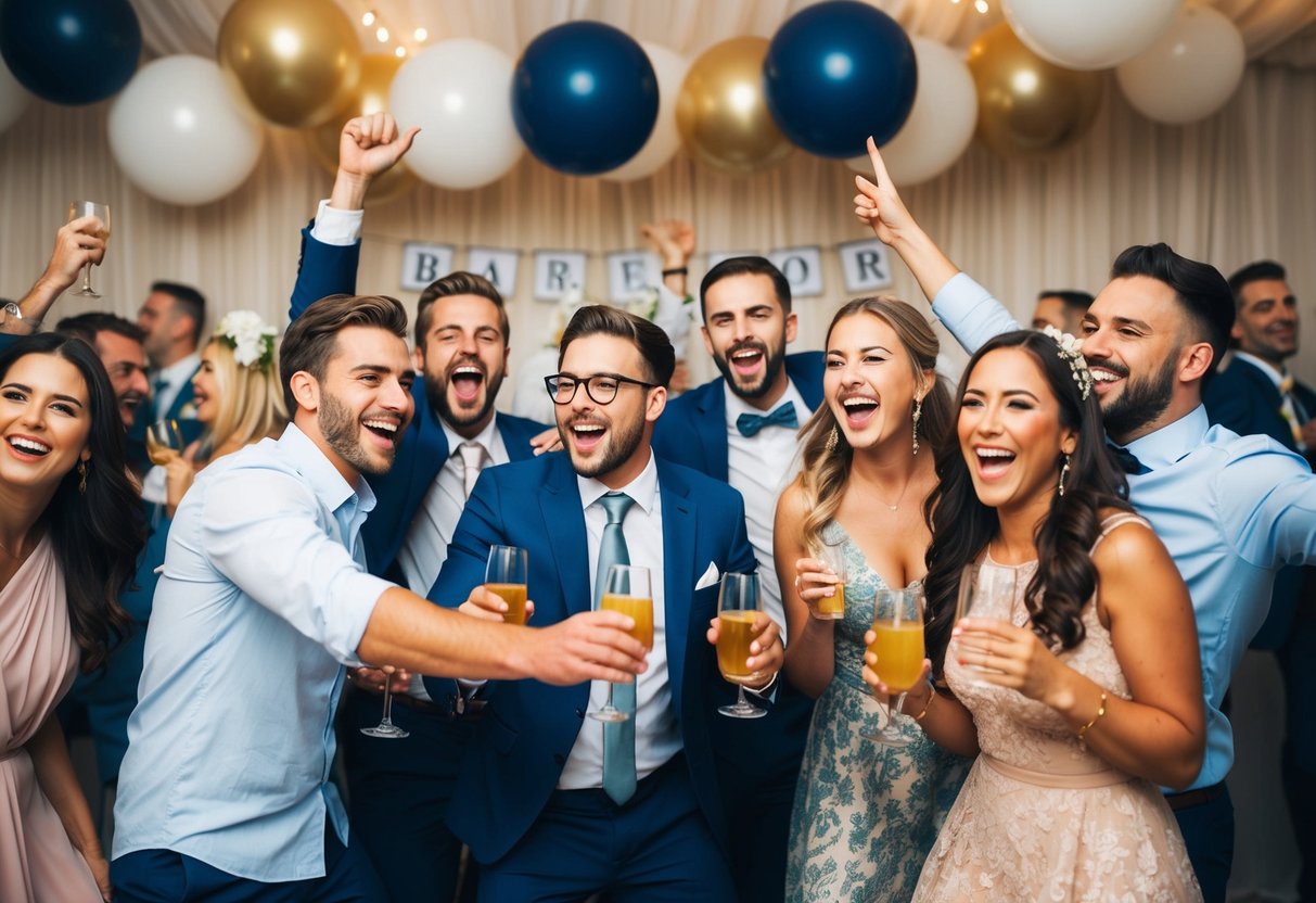 A group of friends celebrating at a lively bachelor party, with wedding invitations and decorations visible in the background