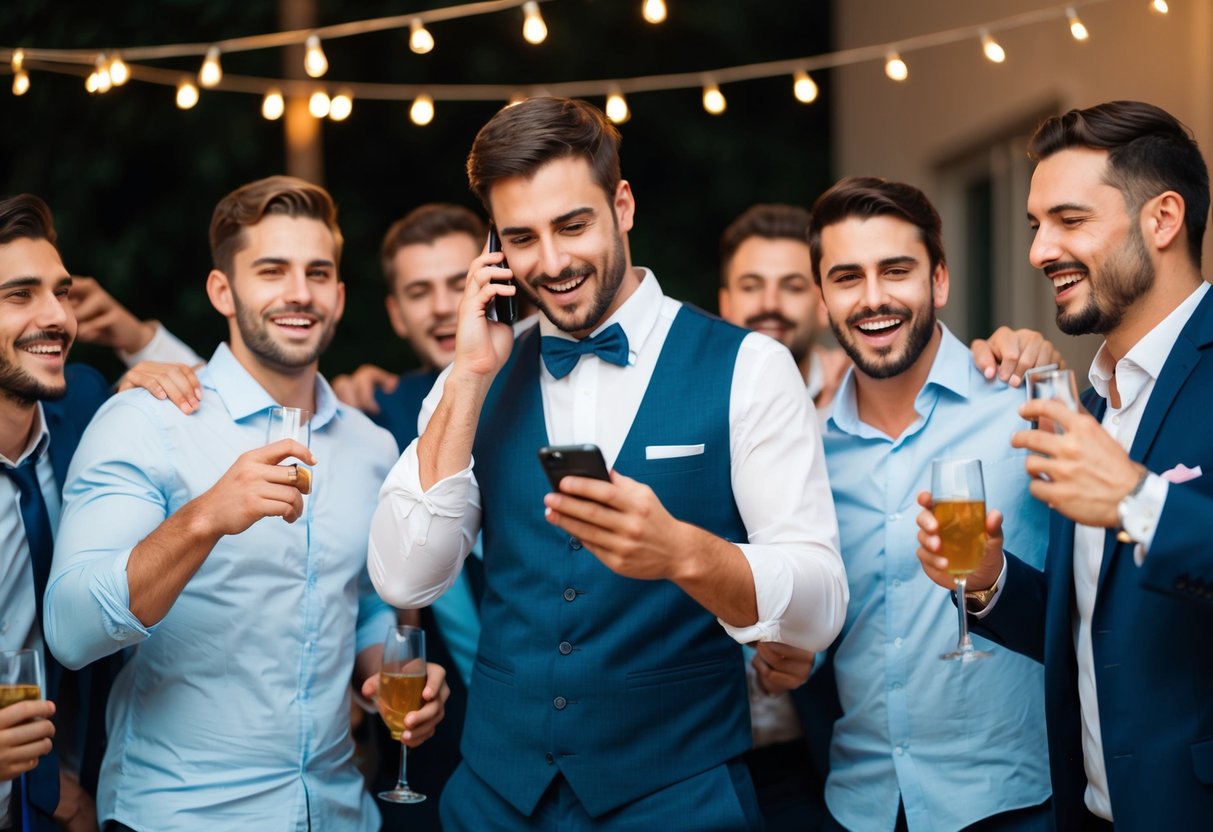 A group of men celebrating at a bachelor party, with one man discreetly receiving a phone call or text message from another woman