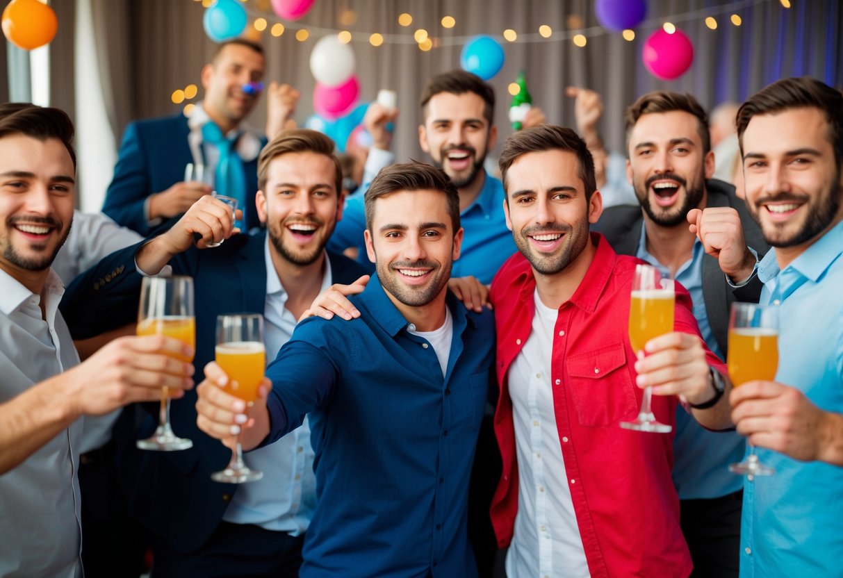 A group of men celebrating at a bachelor party, with drinks and a festive atmosphere
