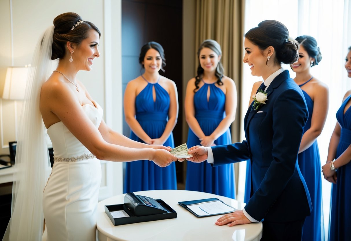 A bride handing money to a hotel clerk, while a group of bridesmaids stand nearby