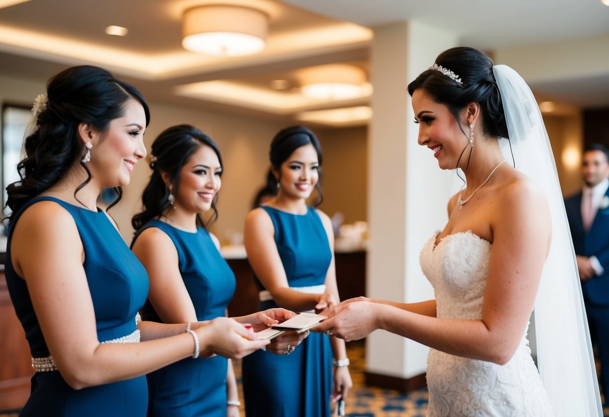 Bride at hotel reception handing over payment for bridesmaids' accommodations