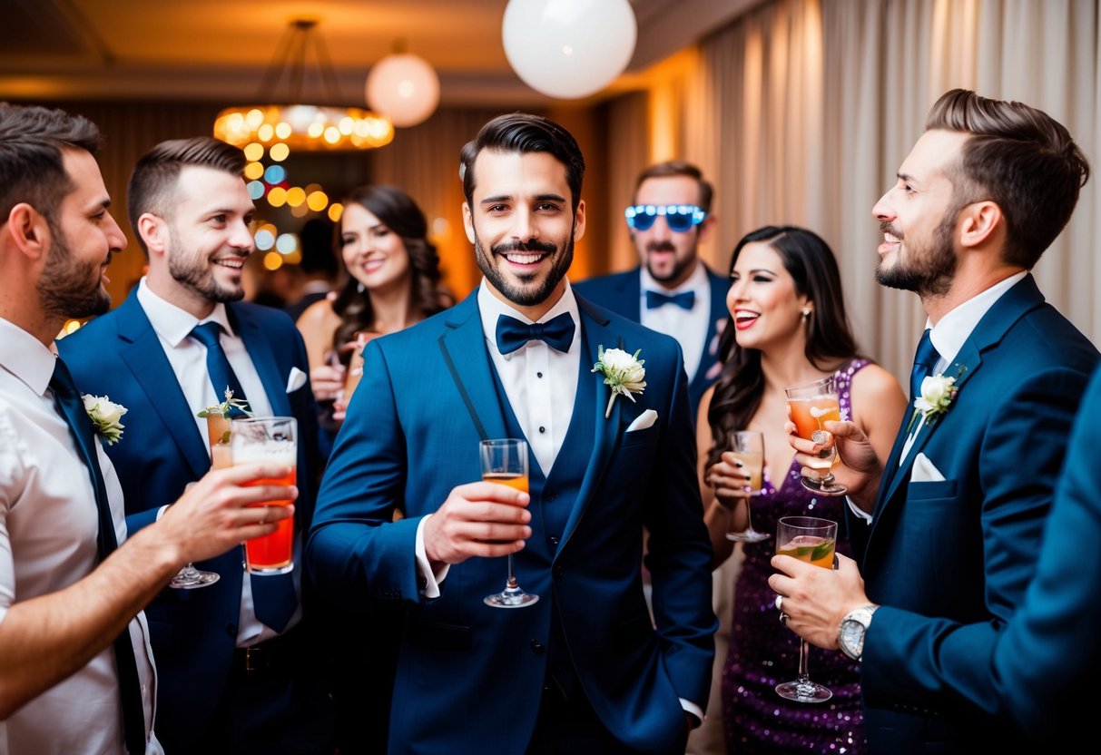 A groom at a bachelor party is surrounded by friends and drinks, while a tempting stranger lurks in the background