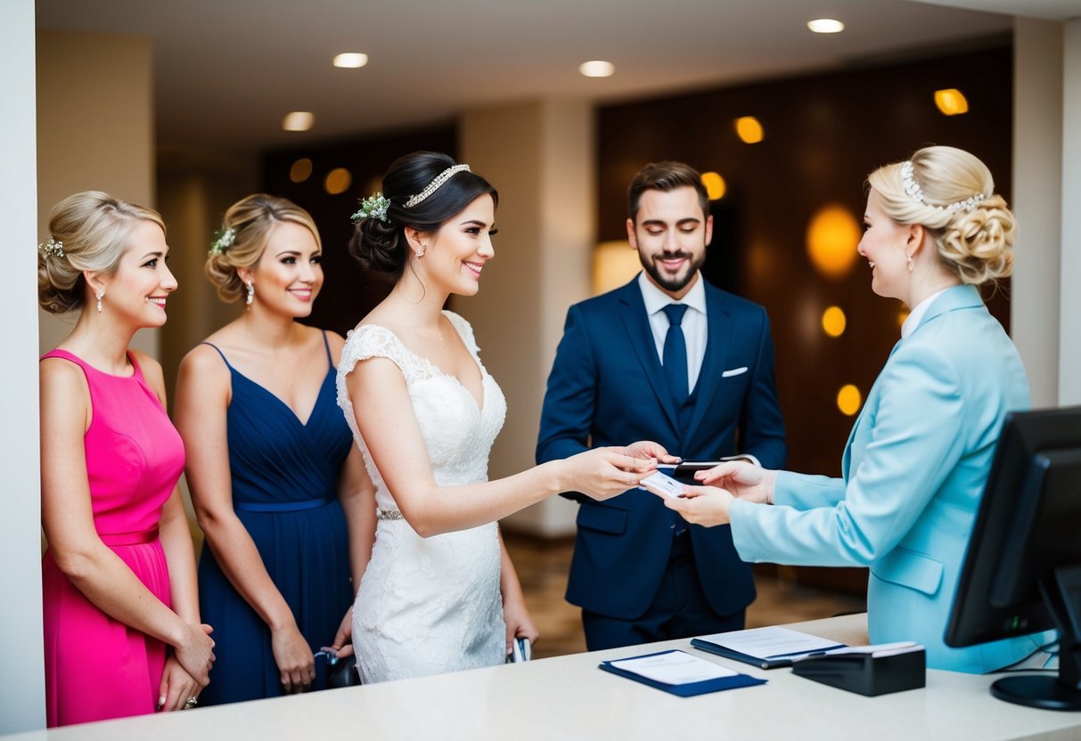 Bridesmaids checking into hotel, bride hands over payment to receptionist