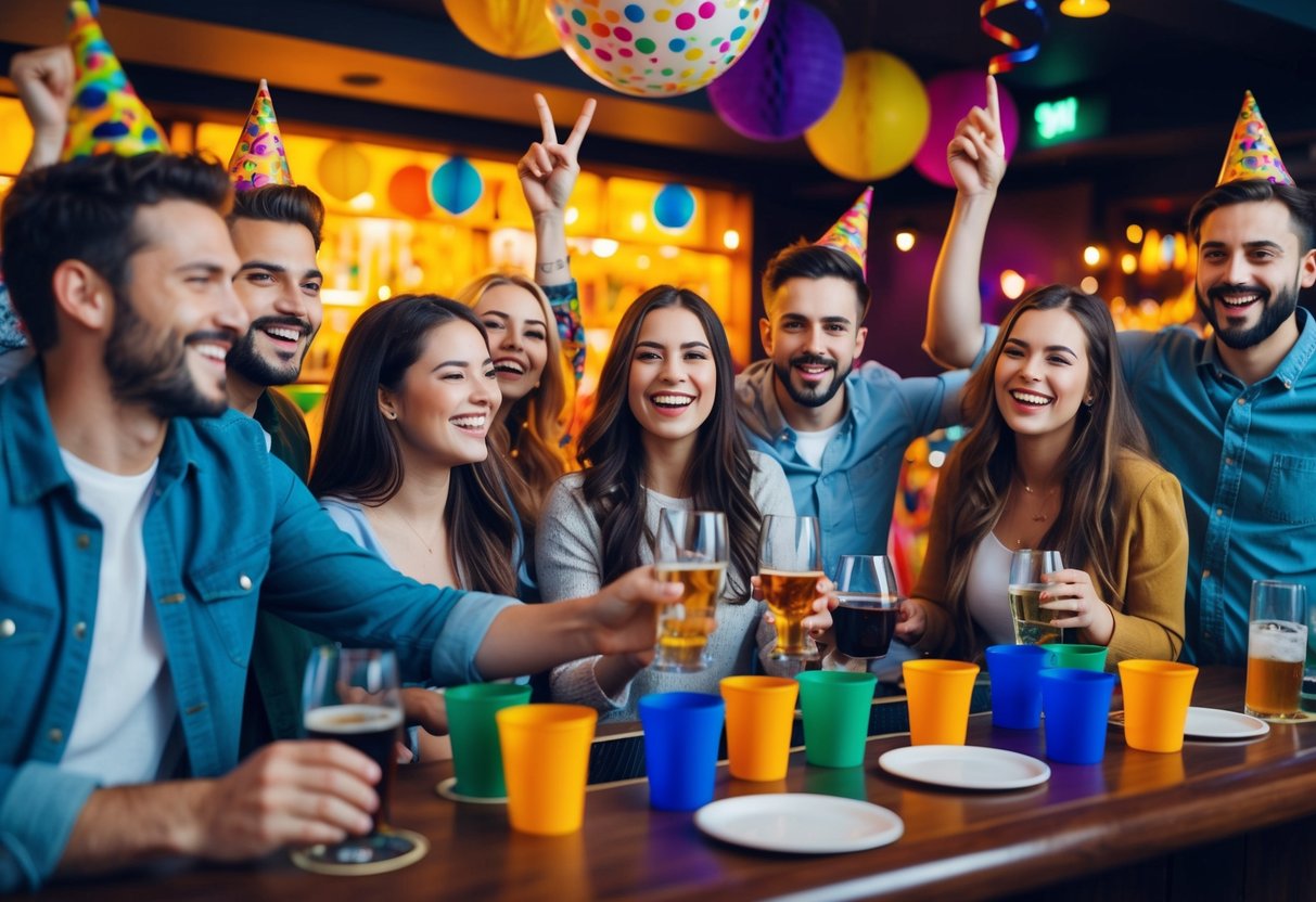 A group of friends celebrating in a lively bar, with colorful decorations and party accessories scattered around