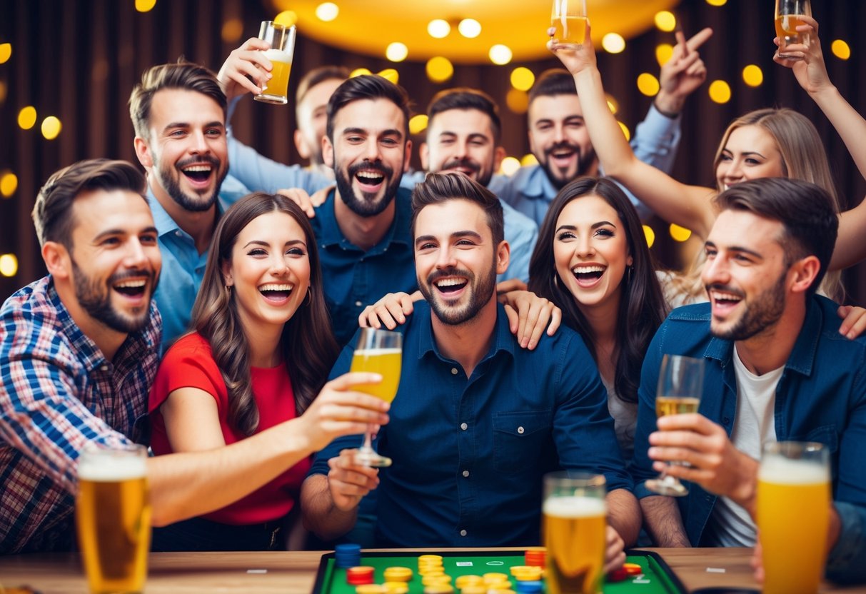 A group of people celebrating at a lively stag do party with drinks, games, and laughter
