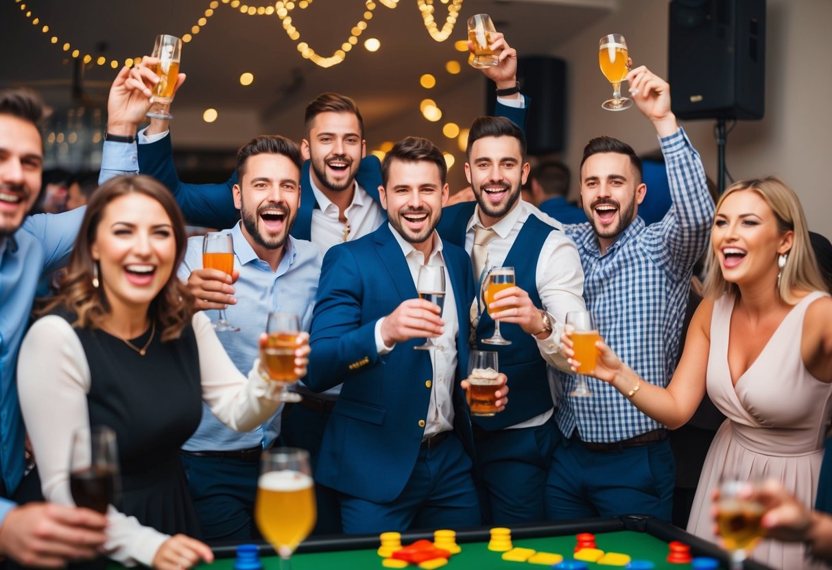 A group of people celebrating at a lively stag do, with drinks, music, and games