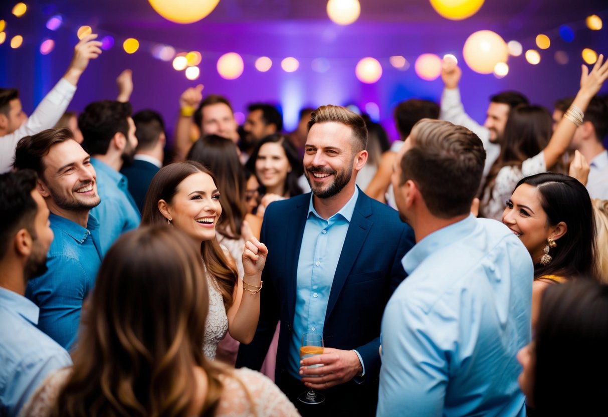 A group of people at a party, with one person standing out from the crowd. The atmosphere is lively and there is a sense of celebration in the air