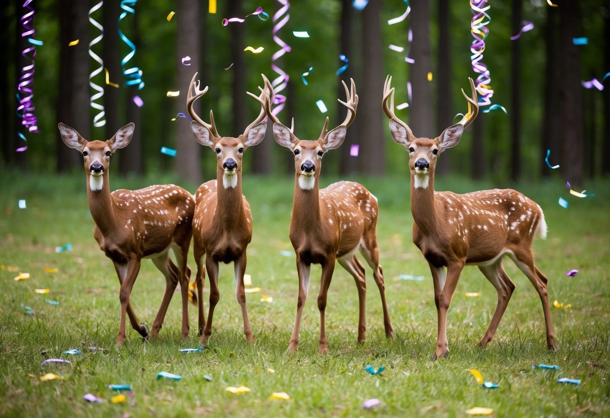A group of female deer celebrating in a forest clearing with streamers and confetti