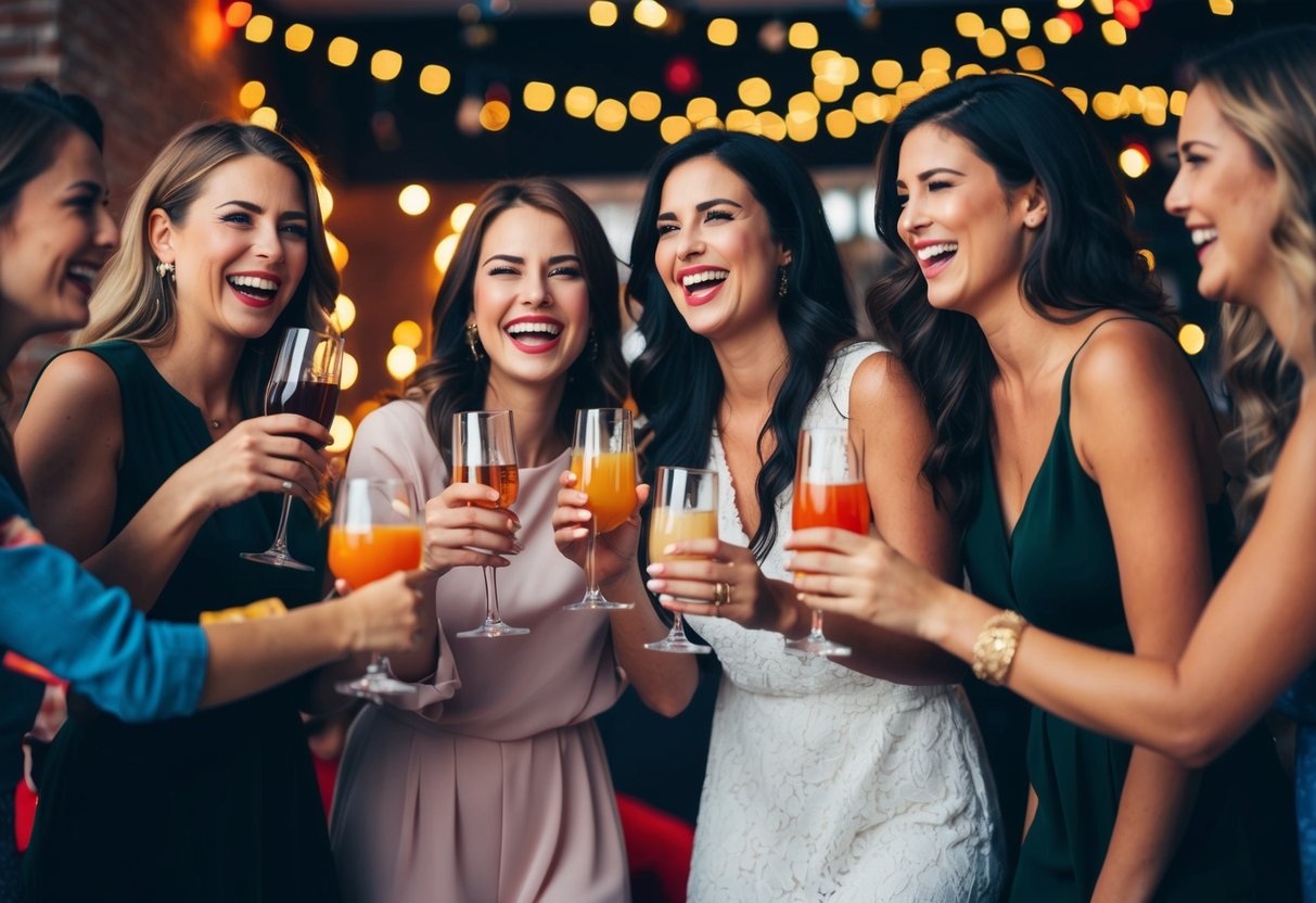 A group of women celebrating with drinks and laughter in a festive setting