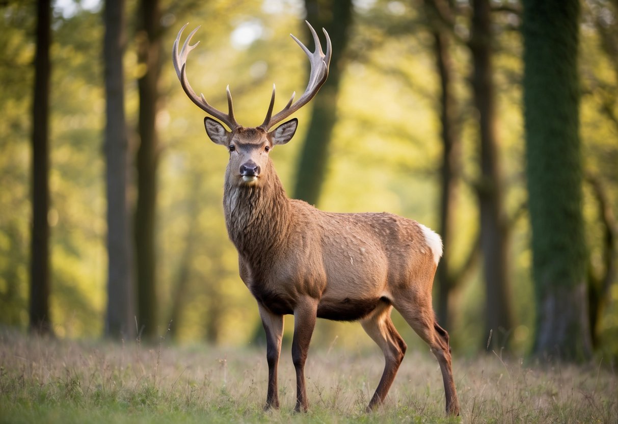 A male stag standing proudly in a forest clearing, with antlers raised and a regal posture