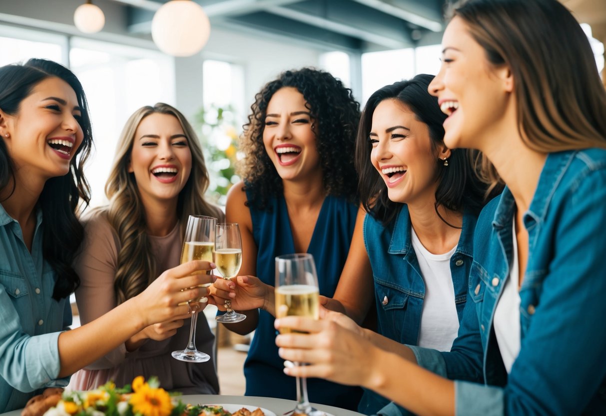 A group of female friends enjoying a lively and celebratory gathering, with laughter and camaraderie evident in their interactions