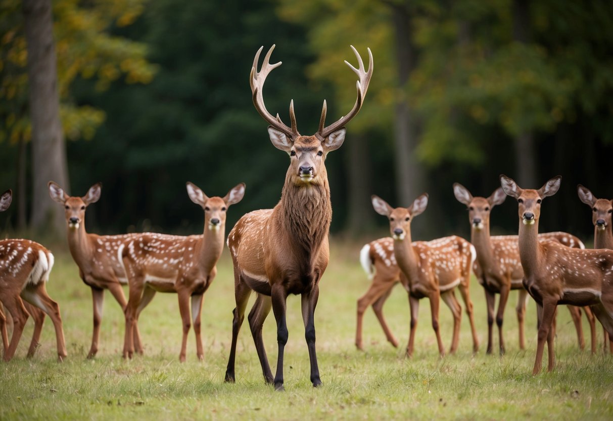 A male stag stands proudly in a forest clearing, surrounded by a group of admiring female deer