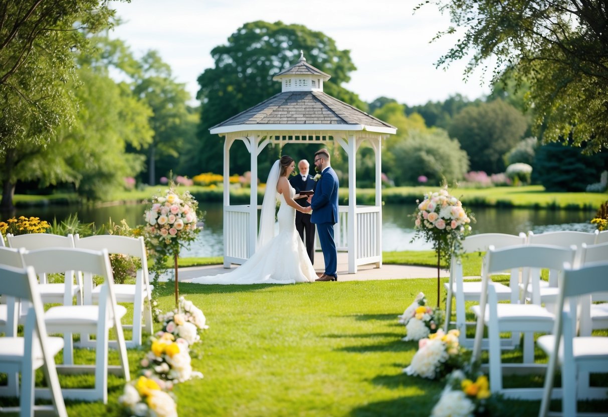 A simple wedding ceremony in a picturesque garden setting with a gazebo, flowers, and a serene pond in the background