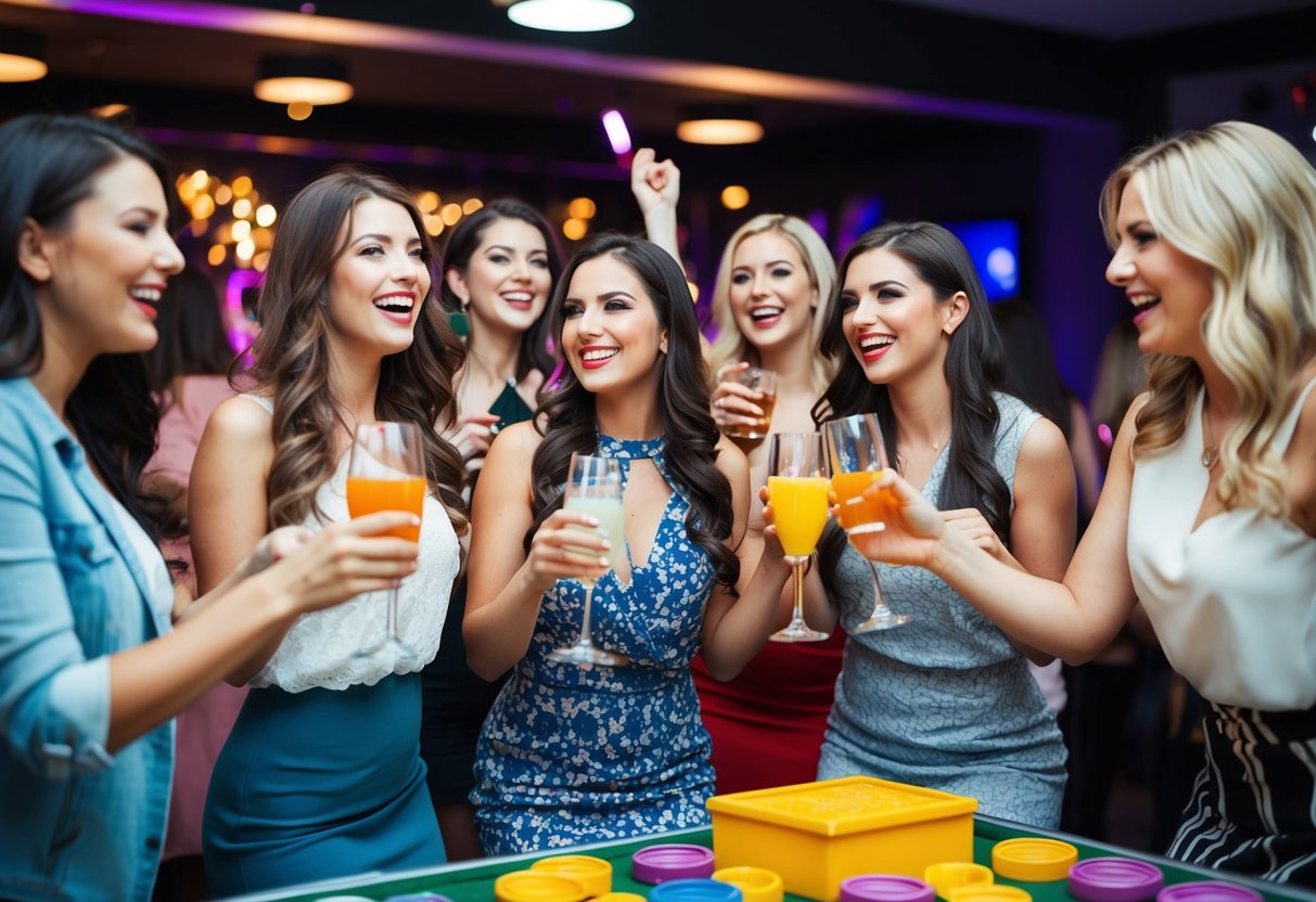 A group of women celebrating with drinks, dancing, and games at a trendy bar or club for a modern hen night