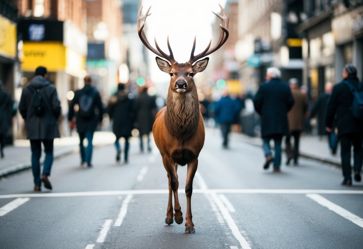 A male stag struts confidently through a bustling urban street, exuding an air of power and authority