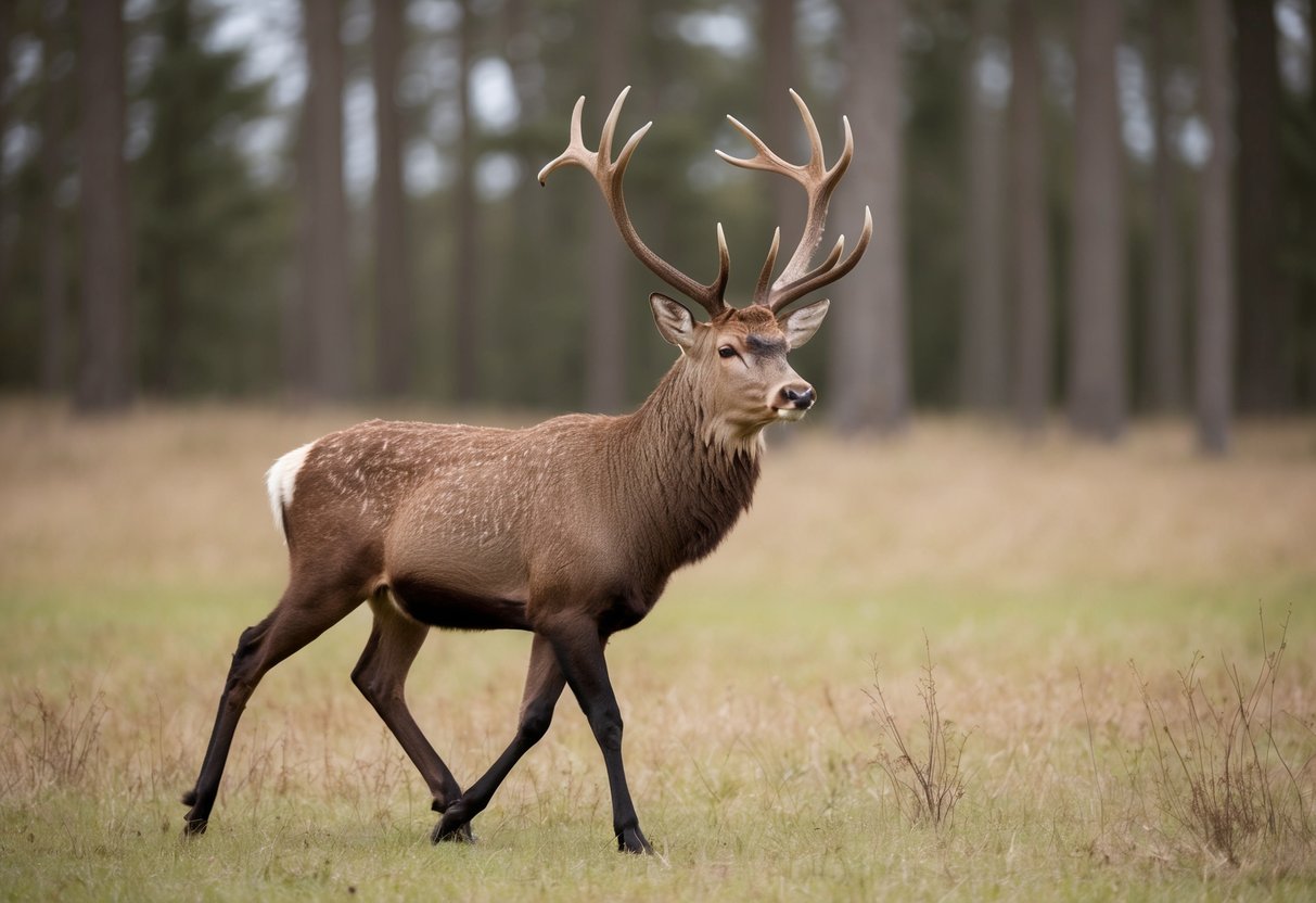 A male stag strutting proudly through a forest clearing, antlers held high