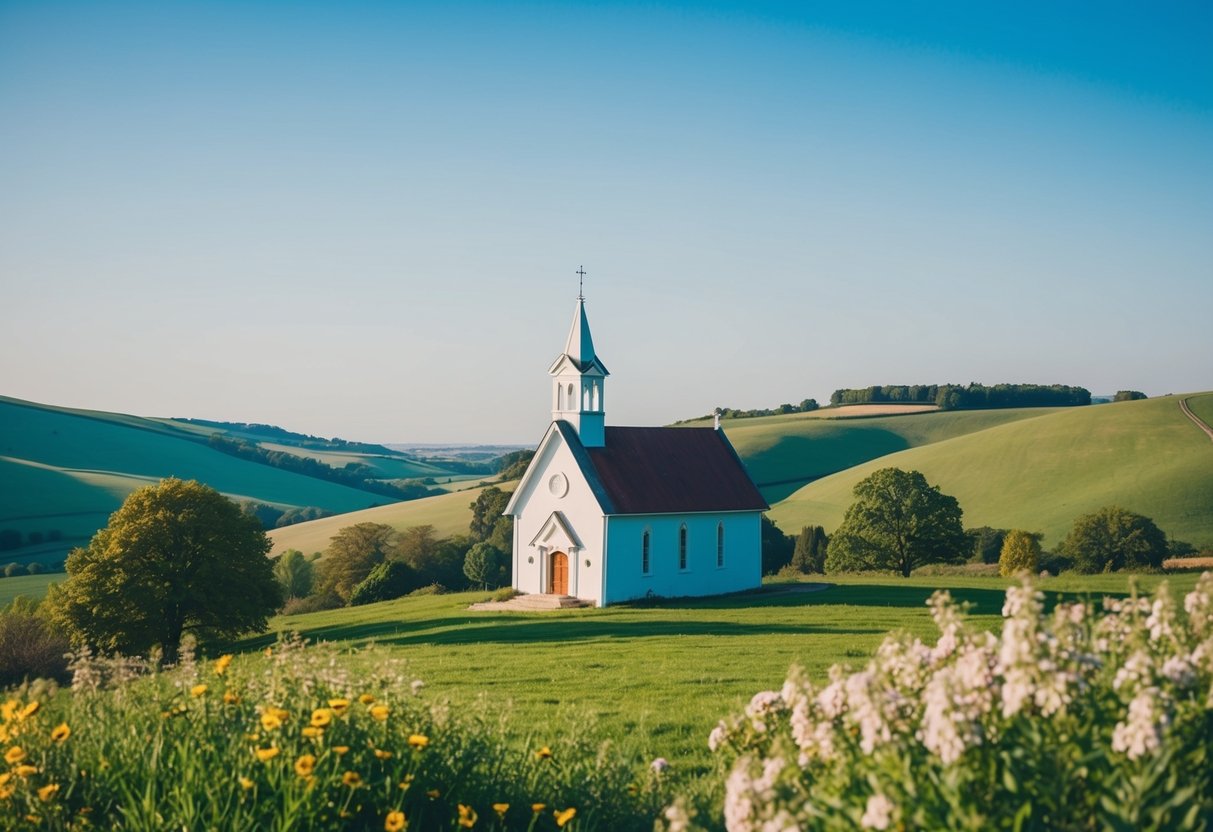 A serene countryside with a quaint chapel nestled among rolling hills, surrounded by blooming wildflowers and a clear blue sky