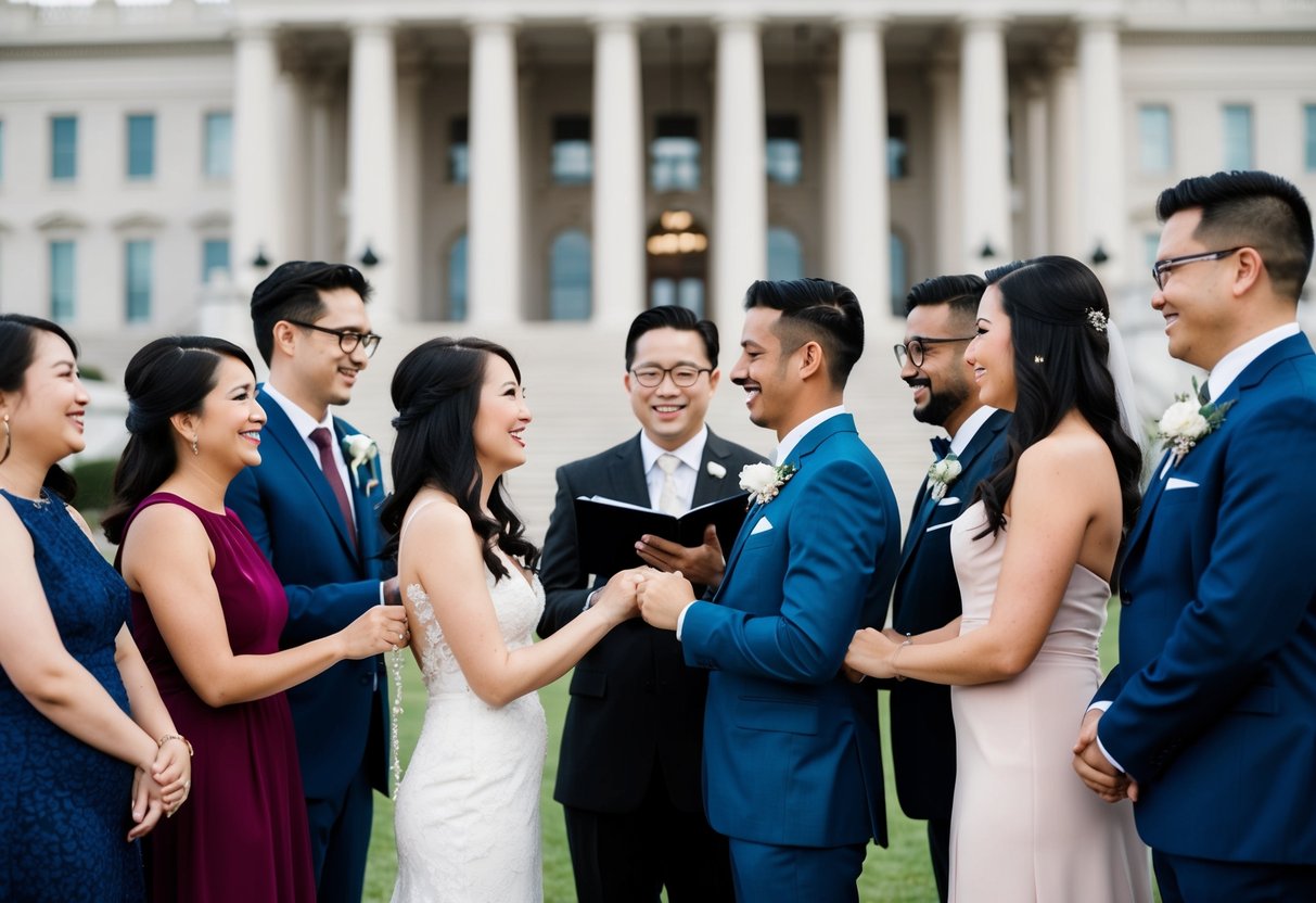 A diverse group of couples of different ethnicities and genders happily exchanging wedding vows in front of a government building