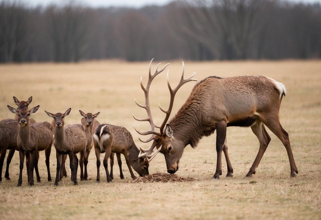 A majestic stag stands in a clearing, surrounded by a group of smaller animals. It lowers its head, offering food to the others