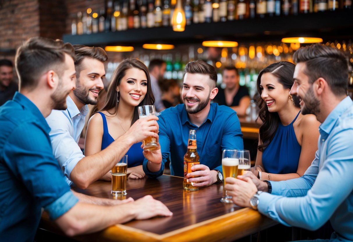 A group of friends at a bar, one friend offering to buy drinks for the stag, while others chat and laugh