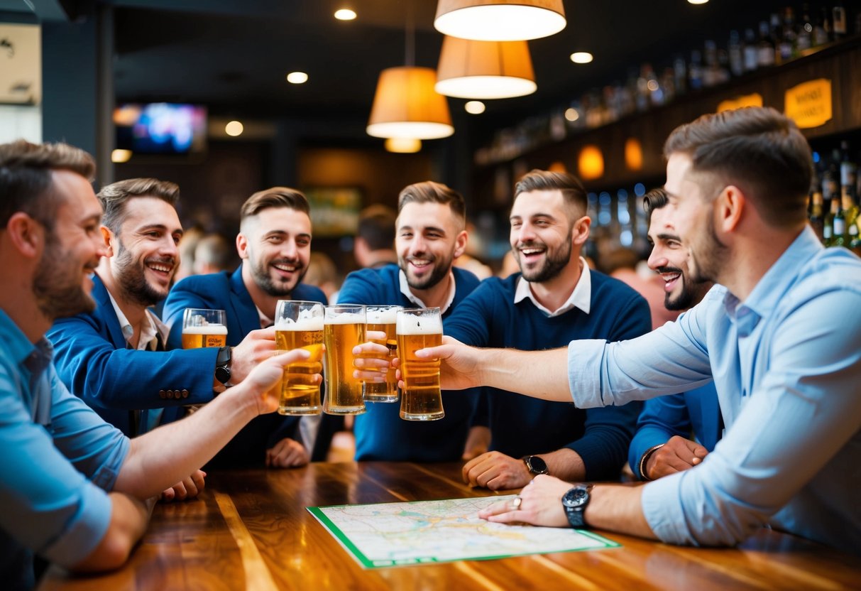 A group of men at a lively bar, toasting with pints of beer and laughing, while a guide points to a map of stag do destinations