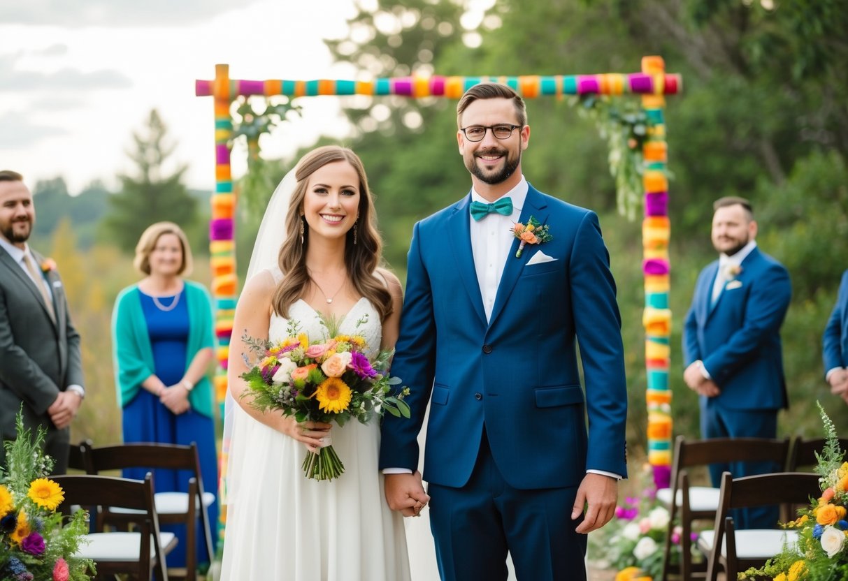 A couple standing in a colorful, non-traditional wedding ceremony surrounded by nature and unique decorations