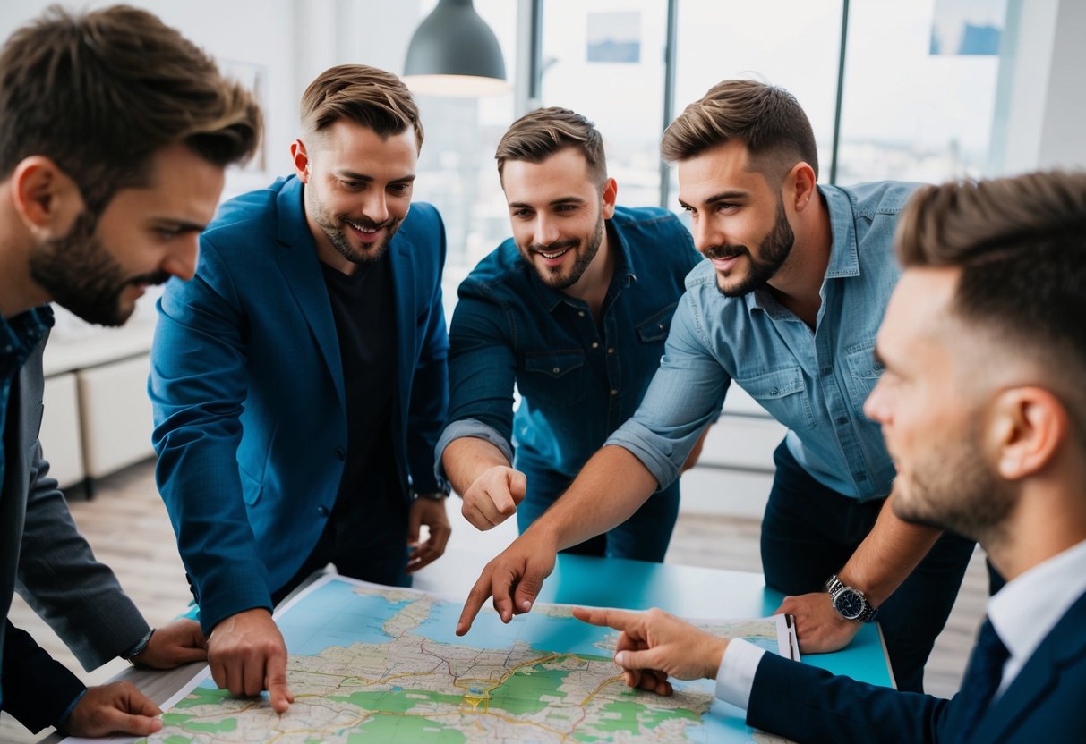 A group of men gather around a map, pointing and discussing plans for a stag party