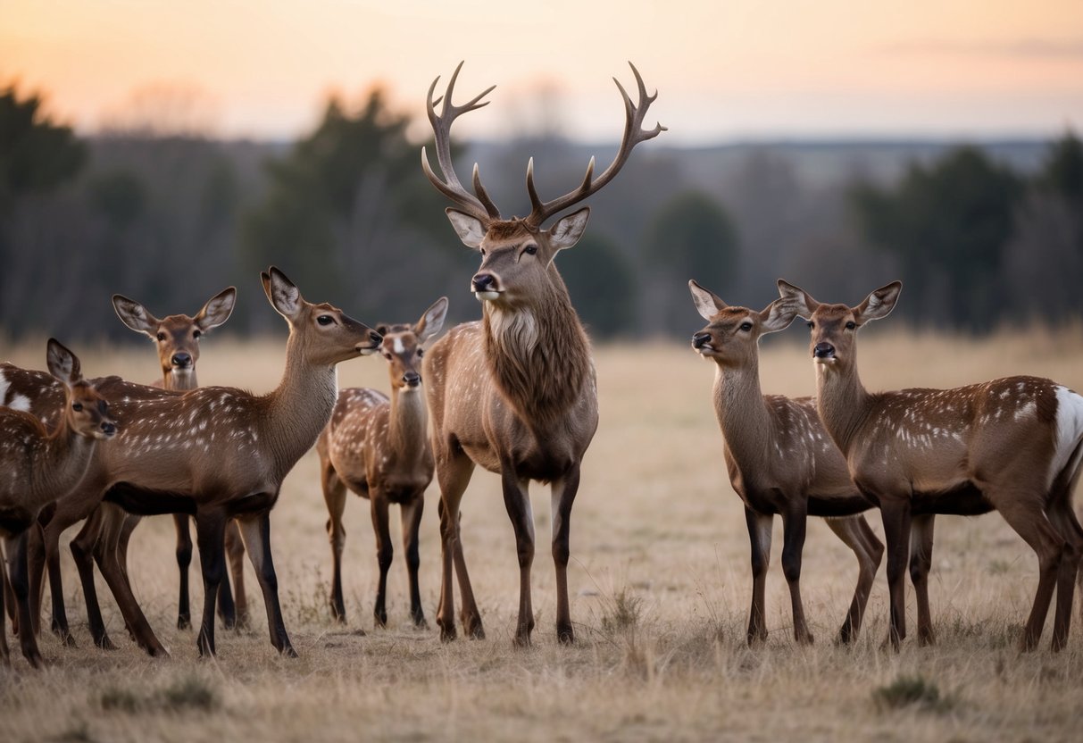 A majestic stag stands in a clearing, surrounded by a group of attentive does. The stag appears to be communicating with the does, who are looking up at him with interest