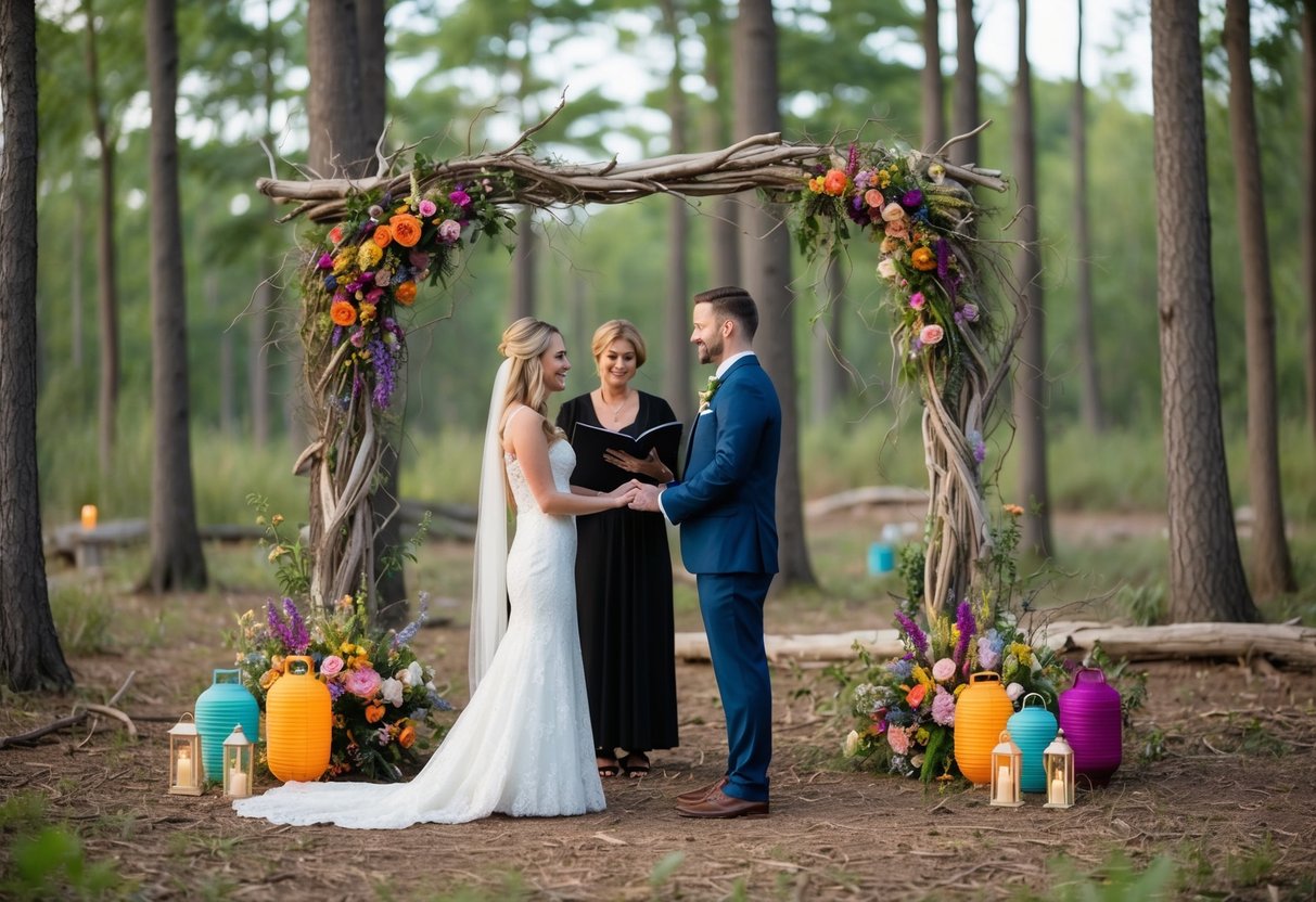 A couple exchanging vows in a forest clearing, surrounded by colorful lanterns and flowers, with a non-traditional wedding arch made of driftwood and wild vines