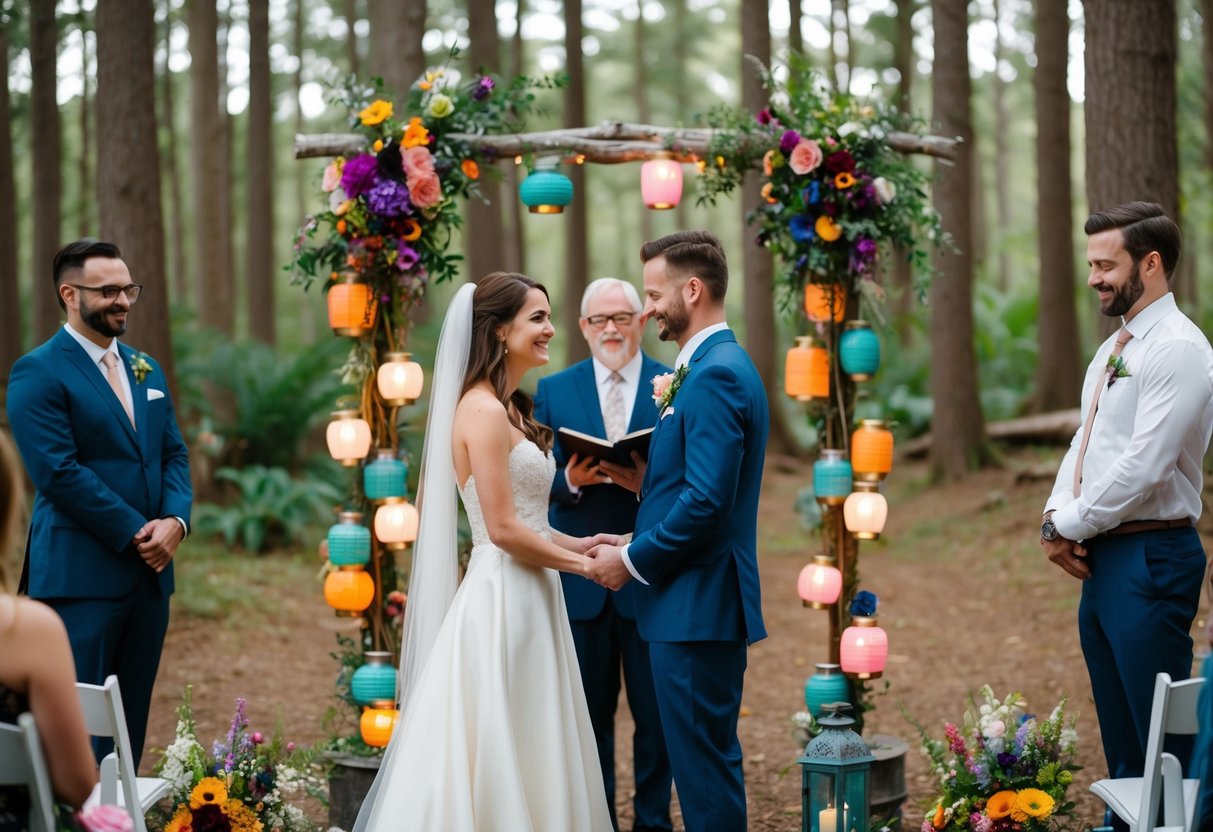 A couple exchanging vows in a forest clearing, surrounded by colorful lanterns and flowers, with a unique altar made of repurposed materials