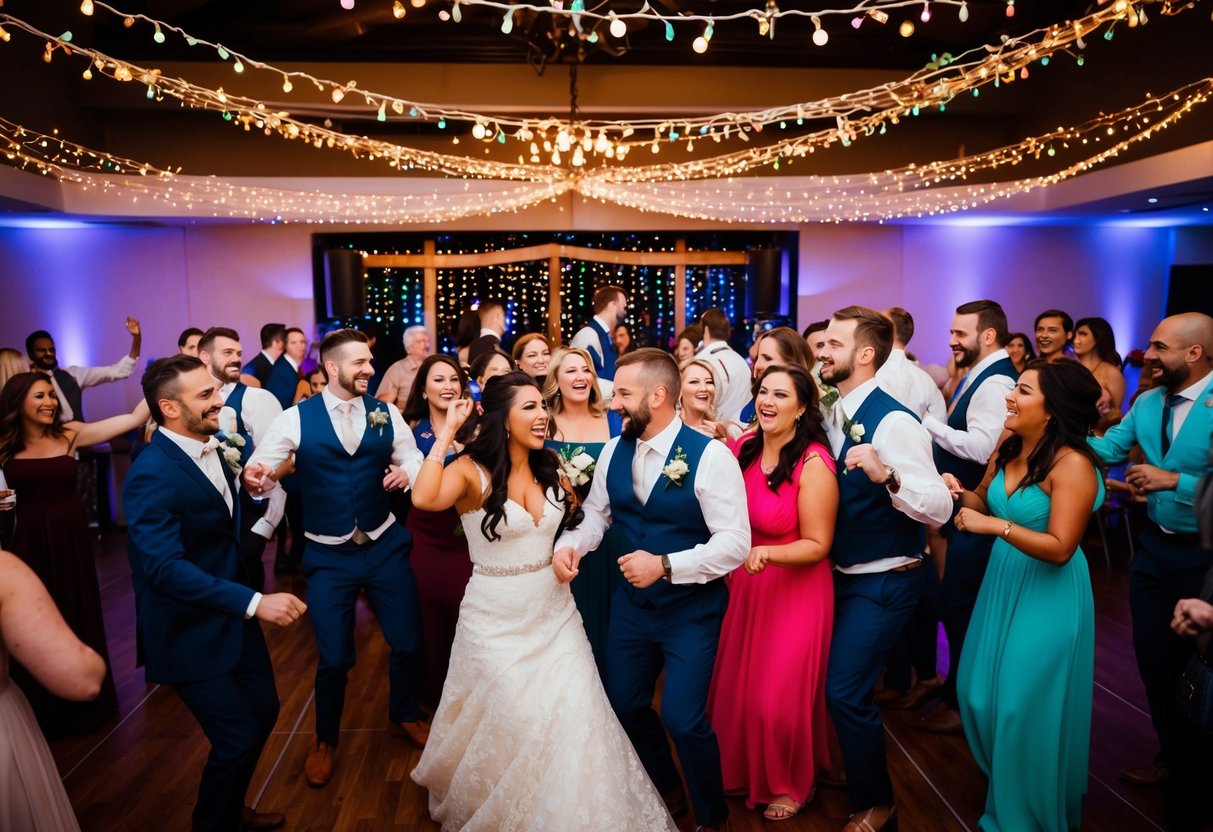 A group of people gathered on a dance floor, surrounded by colorful decorations and twinkling lights, celebrating the end of a wedding with music and laughter