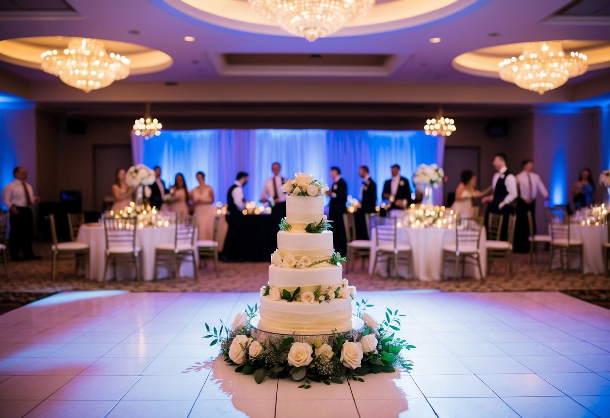 A festive wedding reception with a dance floor, tables adorned with flowers, and a tiered wedding cake as the centerpiece