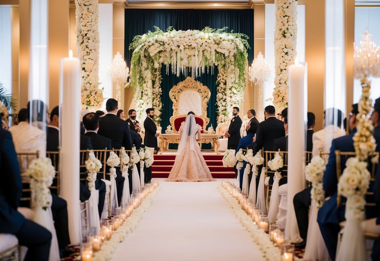 A lavish wedding ceremony with opulent decorations and extravagant attire, reflecting a culture known for spending the most on weddings