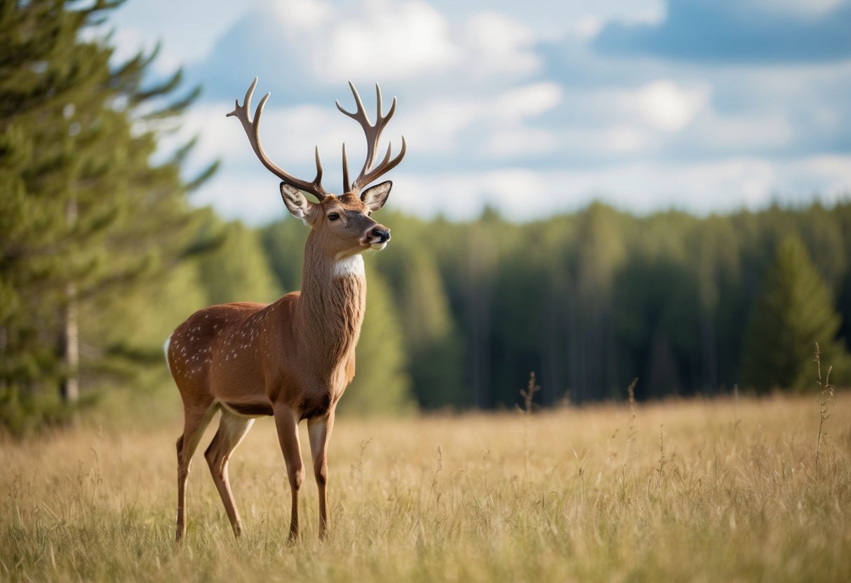A lone deer standing proudly in a forest clearing, its antlers reaching towards the sky