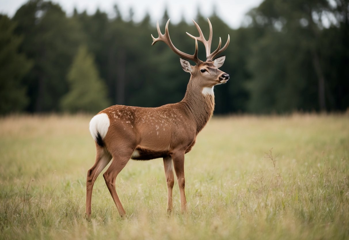 A lone deer standing proudly in a forest clearing, its antlers reaching towards the sky