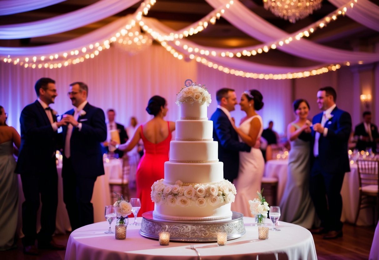 A festive wedding reception with dancing, music, and a grand cake