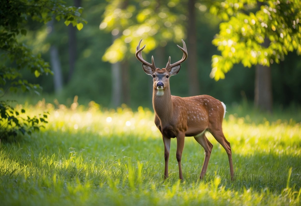 A lone deer standing proudly in a forest clearing, surrounded by lush greenery and dappled sunlight filtering through the trees