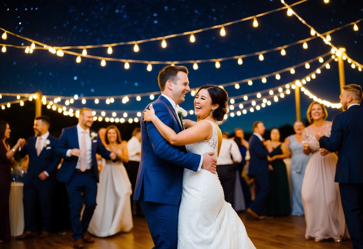A festive wedding reception with dancing, music, and laughter under twinkling lights and a starry night sky