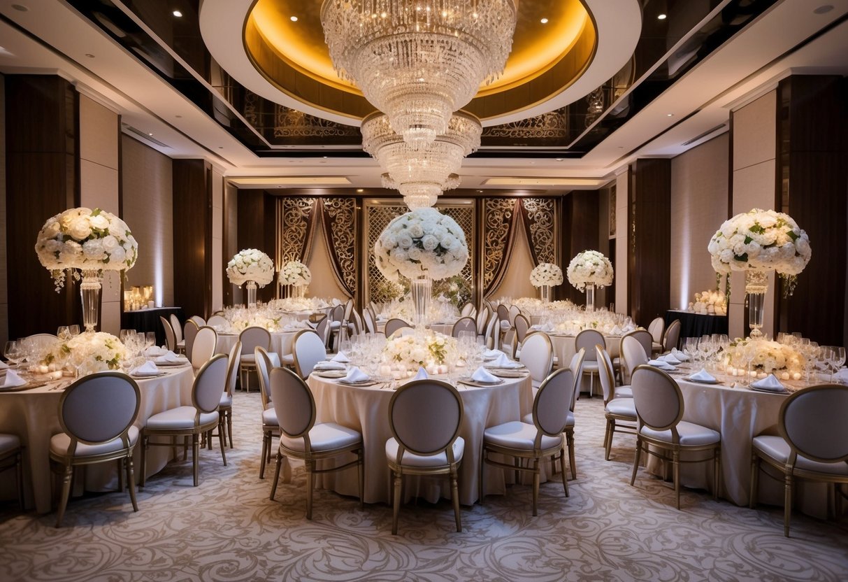 A lavish wedding banquet with opulent decorations and luxurious furnishings, reflecting the cultural tradition of extravagant spending on weddings