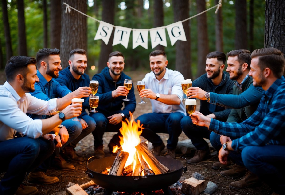 A group of men gathered around a campfire in the woods, toasting drinks and roasting marshmallows. A banner with the word "Stag" hangs above them