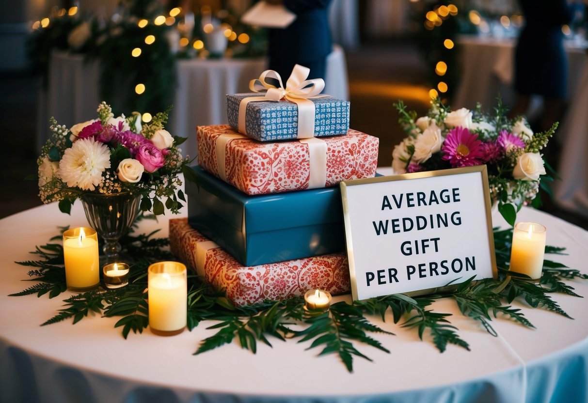 A table with a stack of wrapped gifts, a decorative card box, and a sign indicating "average wedding gift per person" surrounded by flowers and candles