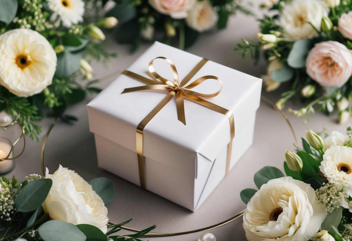 A beautifully wrapped gift box surrounded by elegant wedding decor and floral arrangements