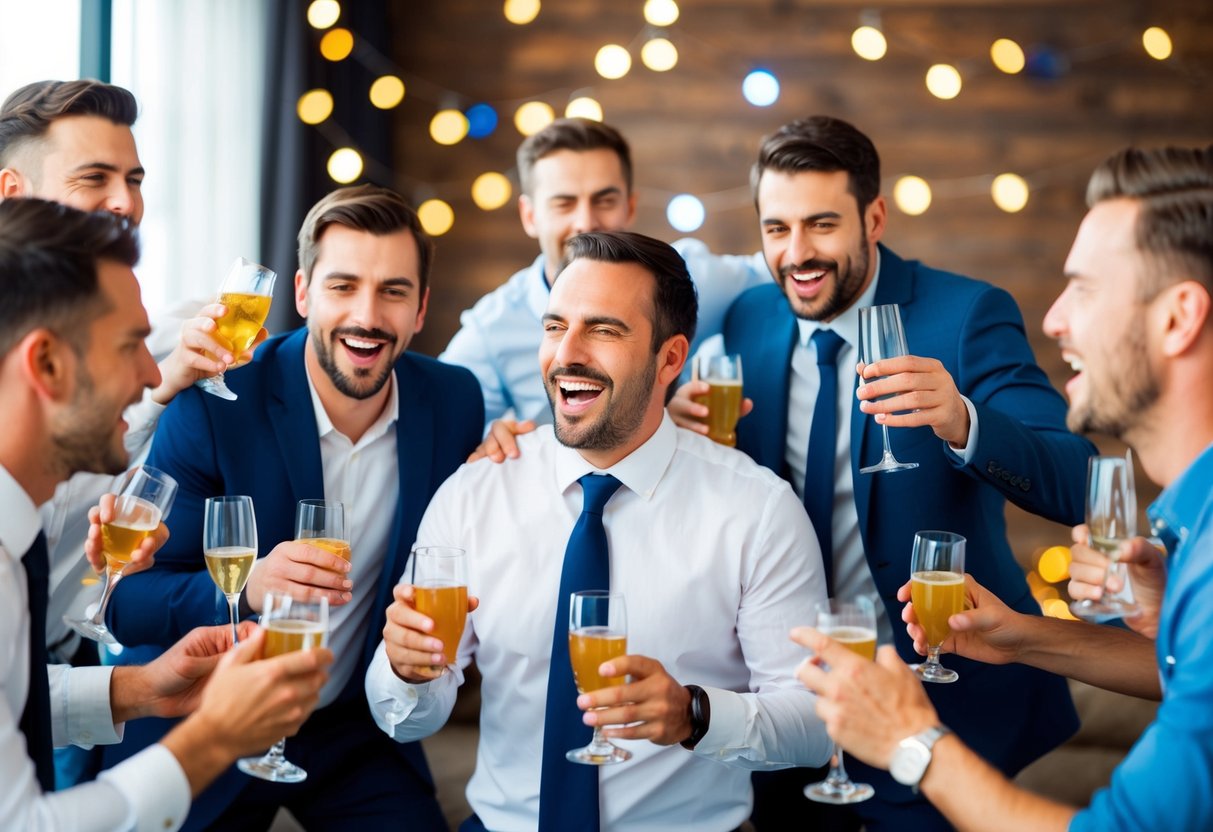 A group of men celebrating at a bachelor party, with drinks and laughter, while one man hesitates over whether to invite his father-in-law