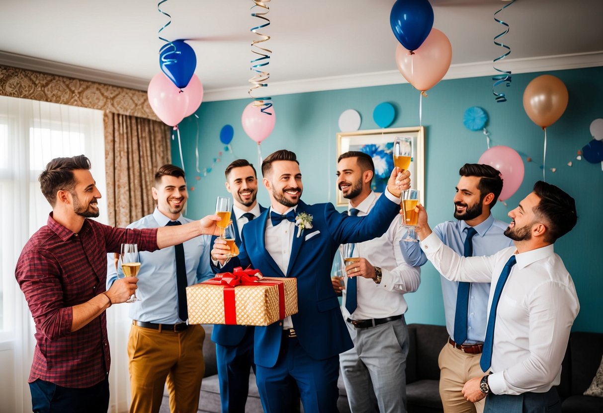 A group of friends presents the groom with a personalized gift and raises a toast in a decorated party room with balloons and streamers