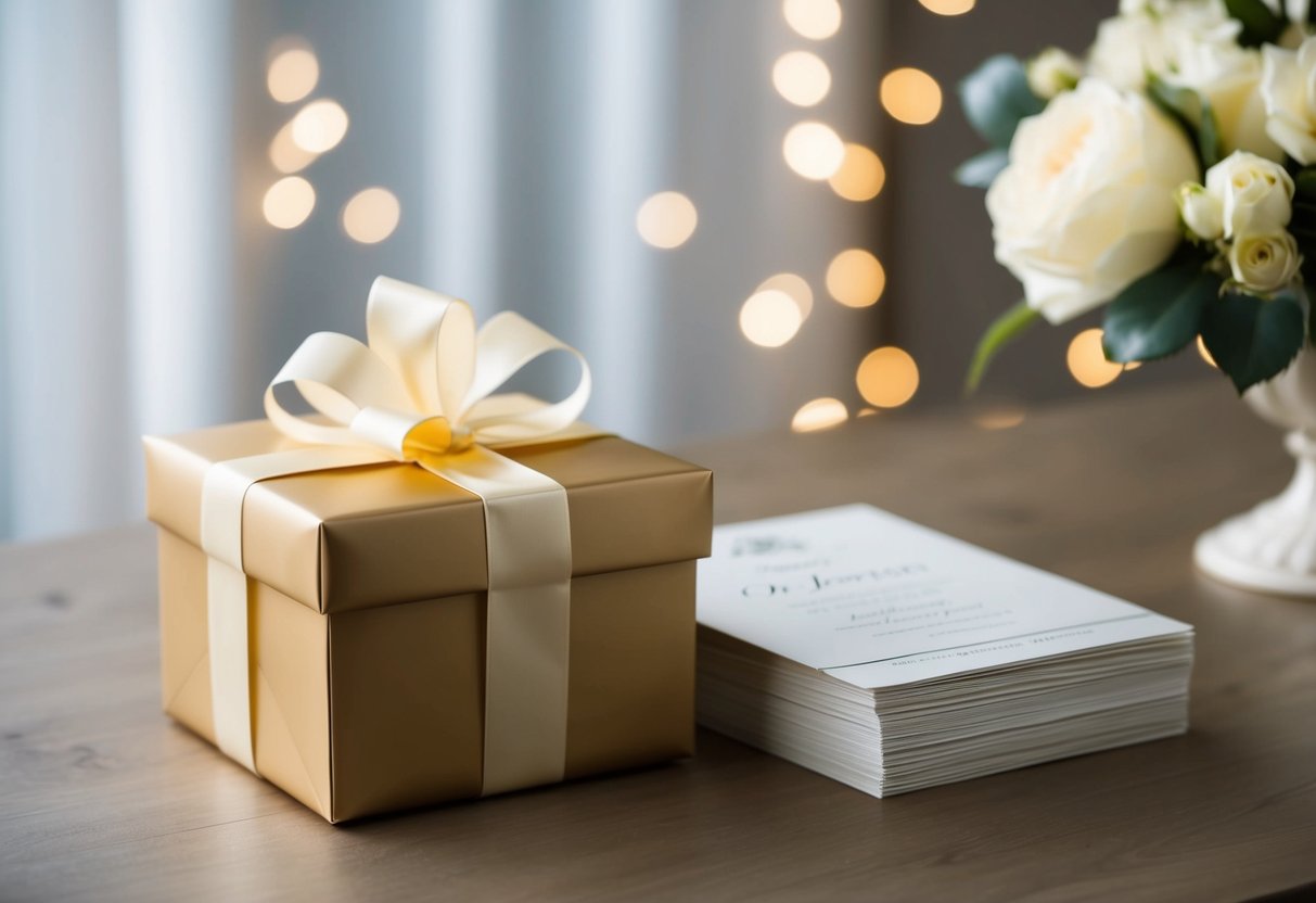 A beautifully wrapped gift box with a ribbon and bow sits on a table next to a stack of elegant wedding invitations
