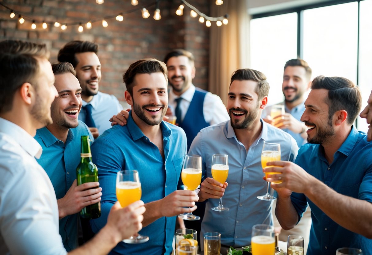 A group of men socializing at a lively bachelor party, with drinks and laughter, while the father-in-law is not present