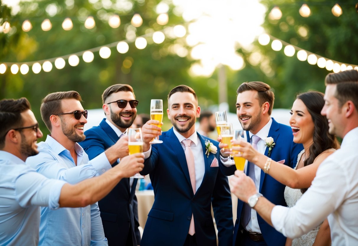A group of friends cheering and raising a toast to the groom at a lively outdoor bachelor party