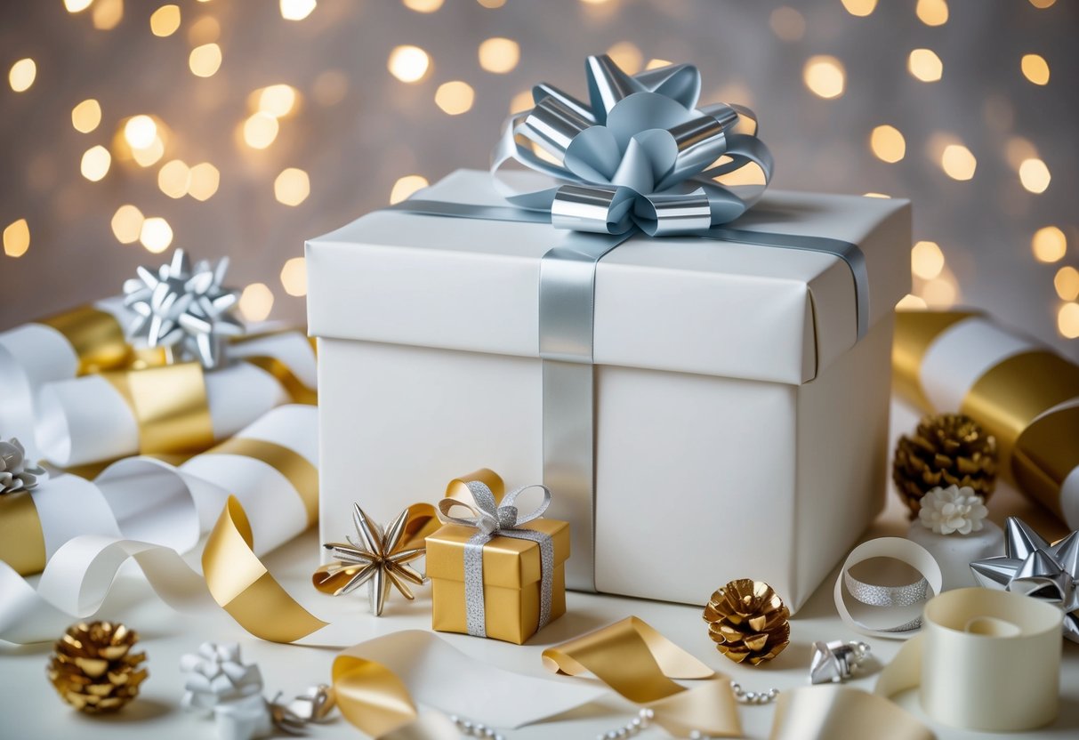 A beautifully wrapped gift box surrounded by elegant wrapping paper, ribbons, and a decorative bow