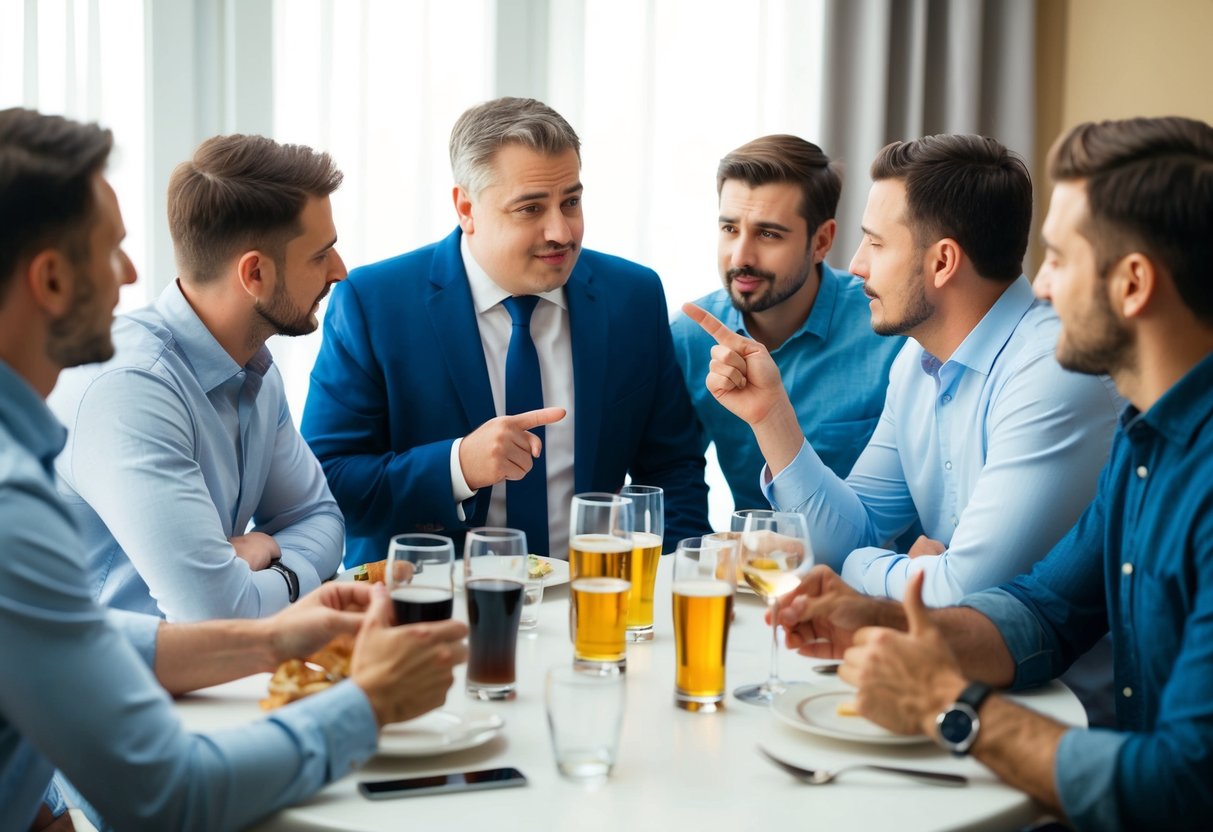 A group of men gathered around a table, discussing and debating whether to invite the father-in-law to the bachelor party