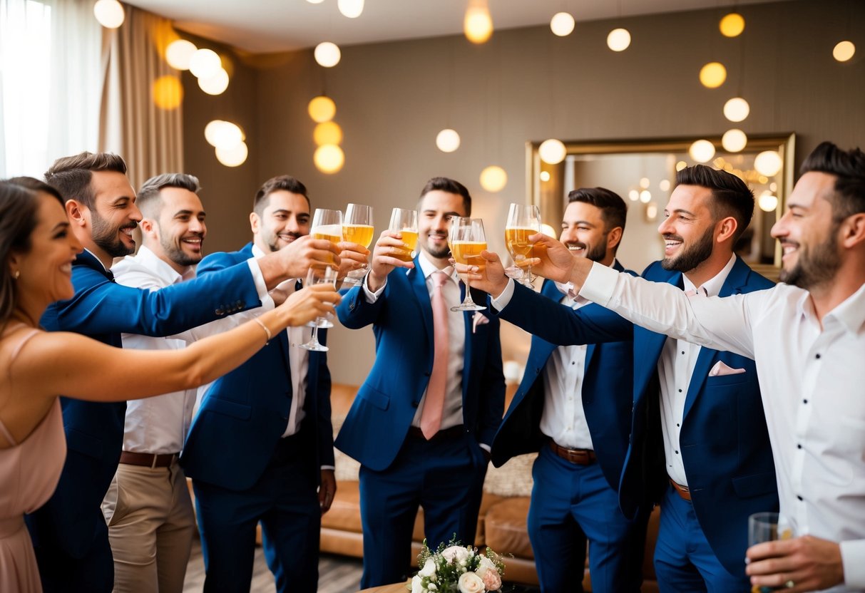 A group of friends raise a toast to the groom at a lively bachelor party, with music, drinks, and laughter filling the air